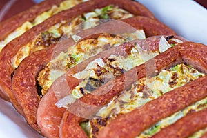 Meat loaf with fried scrambled egg with cabbage