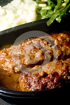 Meat loaf micro wave with mashed potatoes string beans