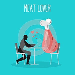 Meat lovers. Lover in cafe. Man and ham sits at table. hind quarter in restaurant. Pork in dining room. Romantic date in public p