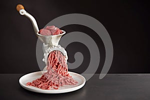 Meat mincing with old grinder photo