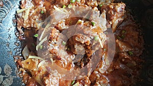 Meat, mutton or chicken curry dish in a bowl