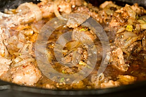 Meat with onion in a cauldron on fire