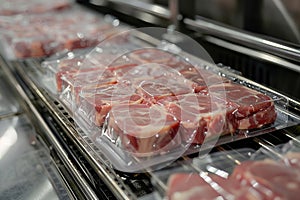 In the meat packaging line, pink raw beef slices