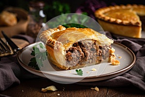 meat pie, ready to be devoured, with flaky crust and juicy filling on plate