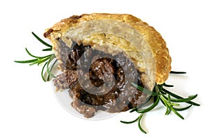 Meat Pie with Rosemary, cut, Isolated on. White