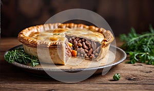 A meat pie with a slice taken out, placed on a brown plate