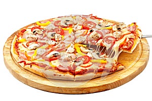 Meat Pizza, mozzarella, ham, bacon, chicken, peppers, tomatoes,