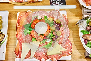 Meat plate, delicacy and Anantipasto. Salami, roast beef, Parma ham, smoked duck breast. Various snacks and antipasti on