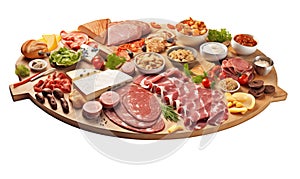 Meat platter with different meat products including ham, salami, bacon, on transparent background.