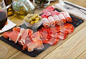 Meat platter on slate board