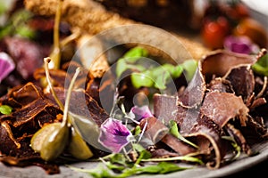 Meat platter for two: Dry-aged beef brisket, dry-aged duck fillet, beef liver pate, dry-aged lamb striploin, cranberry