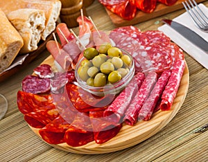 Meat platter on wooden plate