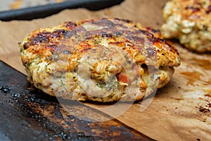 Meat pork chop fried seasoned with dill closeup