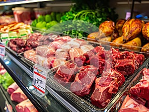 Meat and poultry on display in a supermarket