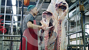 Meat processing factory, food production facility. Plant employee is cutting off a large beef carcass