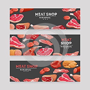 Meat product banners. Beef and pork sausage, ham and salami, bacon. Butchery meat banner vector set
