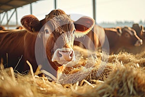 Meat production beef cattle peacefully feeding on hay in cowshed