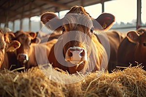 Meat production beef cattle peacefully feeding on hay in cowshed