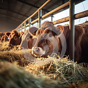 Meat production beef cattle peacefully feeding on hay in cowshed