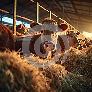 Meat production beef cattle peacefully feeding on hay in cowshed