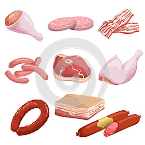 Meat products in cartoon style set. Butcher shop icons. Chicken legs, bacon slices, smoked sausage, pork bristle, salami, motadell