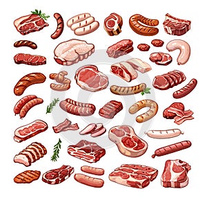 Meat products cartoon vector set. Steaks beef lamb pork ribs sausages bacon parts food pieces, illustration isolated on