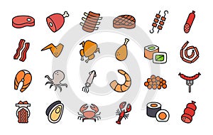 Meat products fish poultry seafood icons. Isolated linear color icon. Vector illustrations. Food ingredients. Steak ham