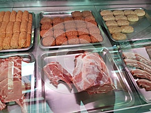 Meat products in a greek butchery front store