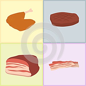 Meat products set of cartoon delicious barbecue kebab variety delicious gourmet meal and animal assortment slice lamb