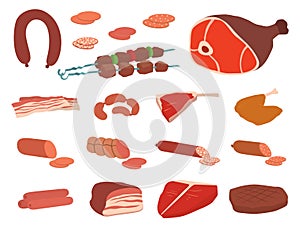 Meat products set of cartoon delicious barbecue kebab variety delicious gourmet meal and animal assortment slice lamb