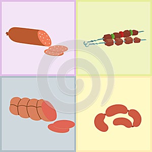 Meat products set of cartoon delicious barbecue kebab variety delicious gourmet meal and animal assortment slice lamb