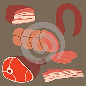 Meat products set of cartoon delicious barbecue kebab variety delicious gourmet meal and animal assortment slice lamb