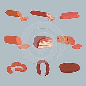 Meat products set of cartoon delicious barbecue kebab variety delicious gourmet meal and animal assortment slice lamb