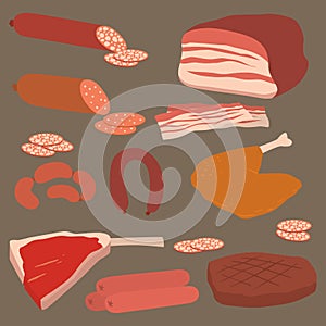 Meat products set of cartoon delicious barbecue kebab variety delicious gourmet meal and animal assortment slice lamb