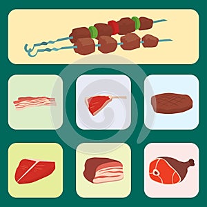 Meat products set of cartoon delicious barbecue kebab variety delicious gourmet meal and animal assortment slice lamb