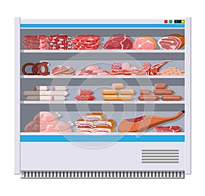Meat products in supermarket fridge.