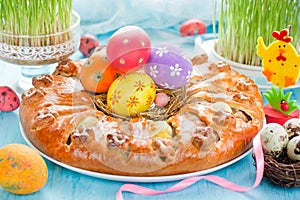 Meat quail egg ring for Easter dinner , colorful Easter composition