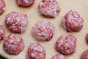 Meat Raw Balls from Raw Beef force-meat on a Chopping board. close Up.