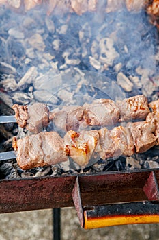 Meat roasted barbecue on grill fire