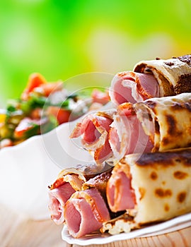 Meat rolls in the omelet, vegetable