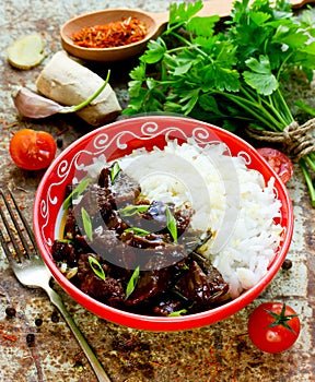 Meat in sauce with basmati rice, Mongolian cuisine