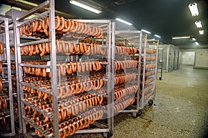 Meat sausage processing in factory