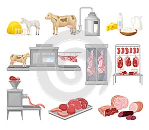 Meat and Sausage Products Automated Factory Production Line Process Vector Set