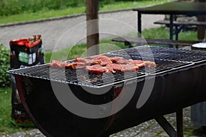 Meat and sausages are fried on the gril