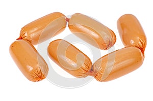 Meat sausages in polyamide casing isolated on white background