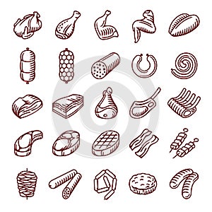 Meat and sausages vector isolated icon set