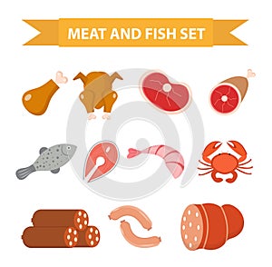 Meat and seafood icon set, flat style. Meat and fish set isolated on a white background. Meat and sausage, protein foods. Vector
