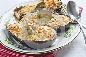 Meat and seafood stuffed eggplant