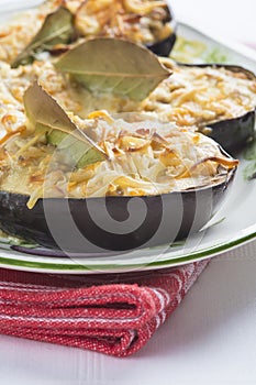 Meat and seafood stuffed eggplant