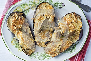 Meat and seafood stuffed eggplant